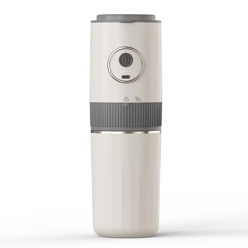 Portable off-white electric coffee grinder with grey accents, power button, and USB-C charging port.