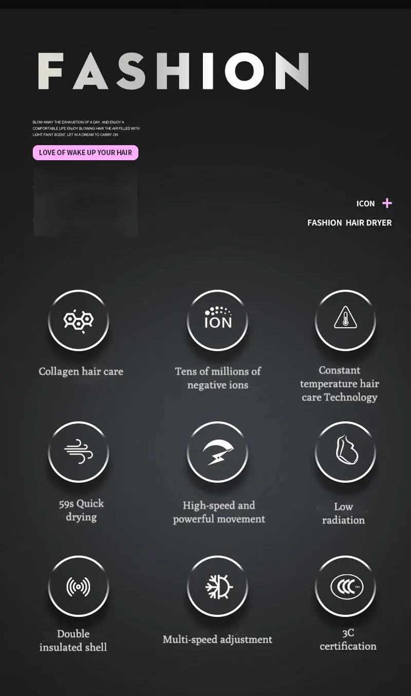 Professional high-speed hair dryer with negative ion tech, collagen care, quick drying, and multi-speed settings.