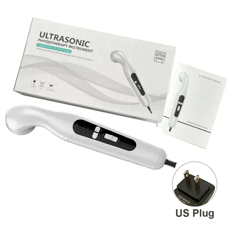 White handheld ultrasonic physiotherapy device for joint pain relief with US plug, manual, and branded storage box.