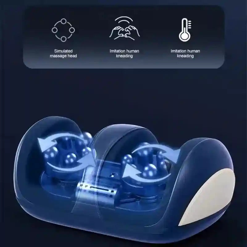 Blue electric foot and leg massager with heated shiatsu rollers for deep tissue kneading and stress relief.