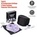 Black quilted electric hair steamer cap with 10 temp settings, timer, floral shower cap, and power controller box.