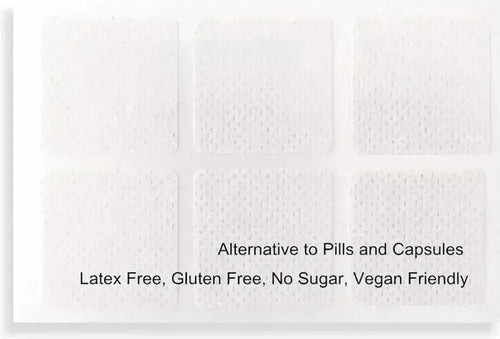 Mushroom transdermal patches for adaptogen drinks, side view showing 6 white patches with pill alternative benefits.