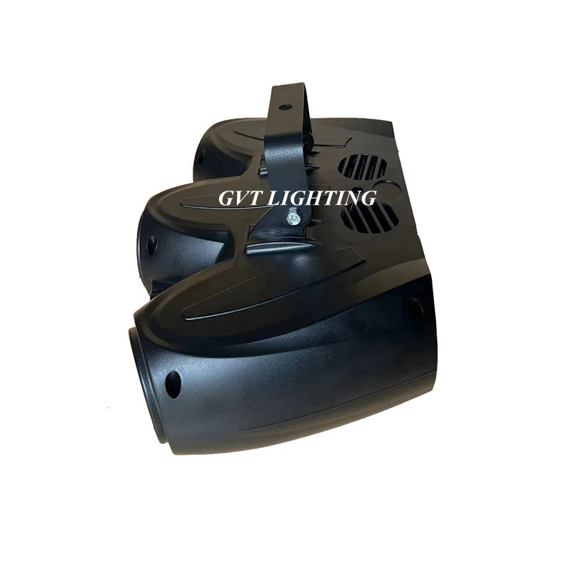 Black three-head LED stage light projector with top housing and vented grille