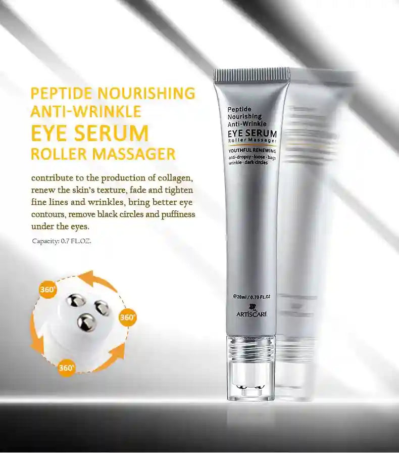 ARTISCARE Peptide Anti-Wrinkle Eye Serum with 360-degree roller massager for puffiness, dark circles, and firming skin.
