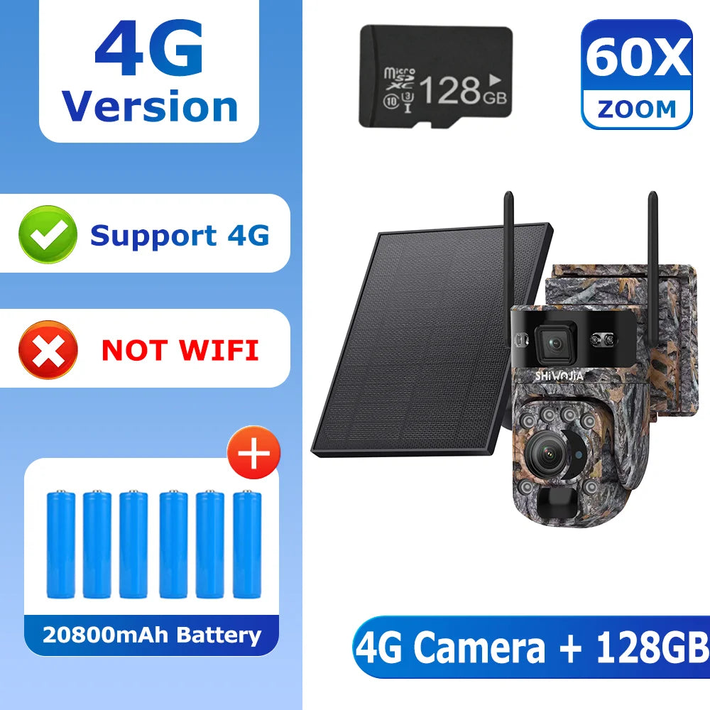 Camouflage outdoor 4G security camera with solar panel and 128GB microSD card