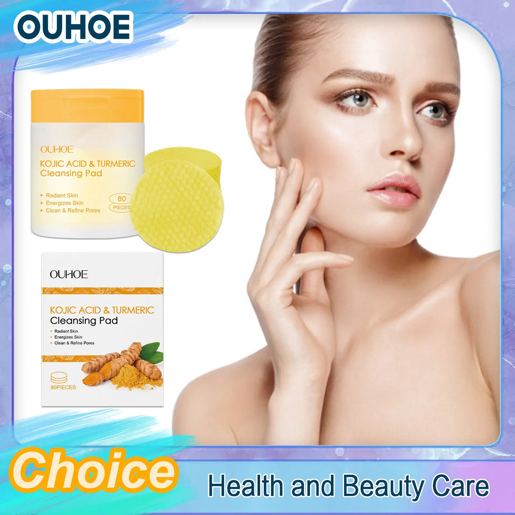OUHOE Turmeric Kojic Acid Exfoliating Cleansing Pads Fade Dark Spot Oil Brightening Moisturizing Whitening Facial Sponges Cotton
