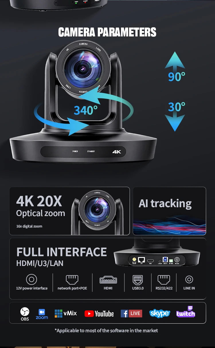 PTZ Camera 4K 20X Zoom Video Conference Camera Kit Church Meeting Live Broadcast PTZ Camera Controller for Video Conferencing