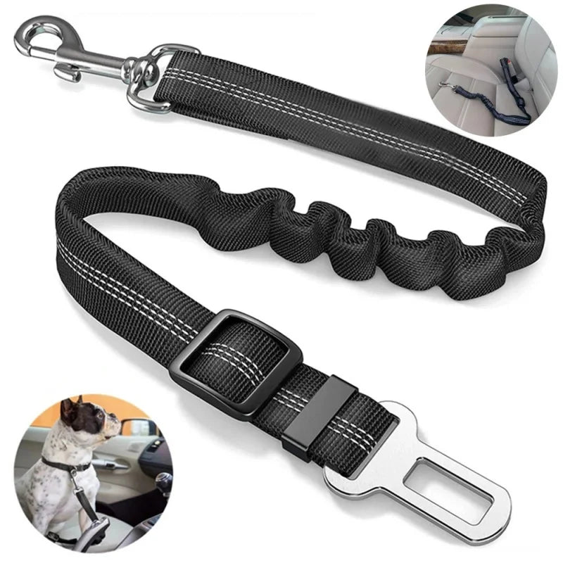 Adjustable black reflective dog car seat belt leash with elastic shock-absorbing rope for safe pet travel.