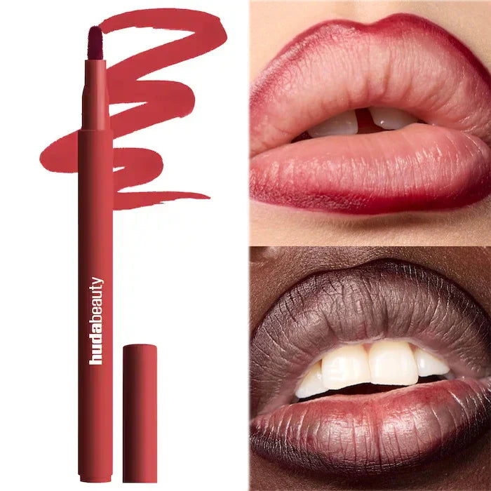 Red lip and cheek tint pen with creamy hydrating formula, shown with swatch and natural lip makeup application.