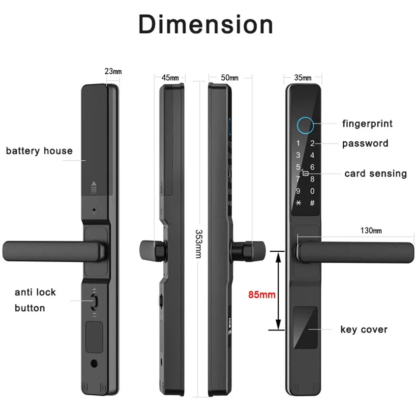 Slim 3.5cm Waterproof Aluminum Smart Door Lock with TTLock Bluetooth Fingerprint Password IC Card APP Control for Sliding Doors