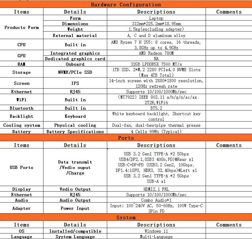 MECHREVO Forza 14X Pro 14" Laptop AMD Ryzen 7 H255 LPDDR5X 32GB RAM PCIe4 1TB SSD WiFi6 BT5.2 2.8K 120Hz Windows11 Computer