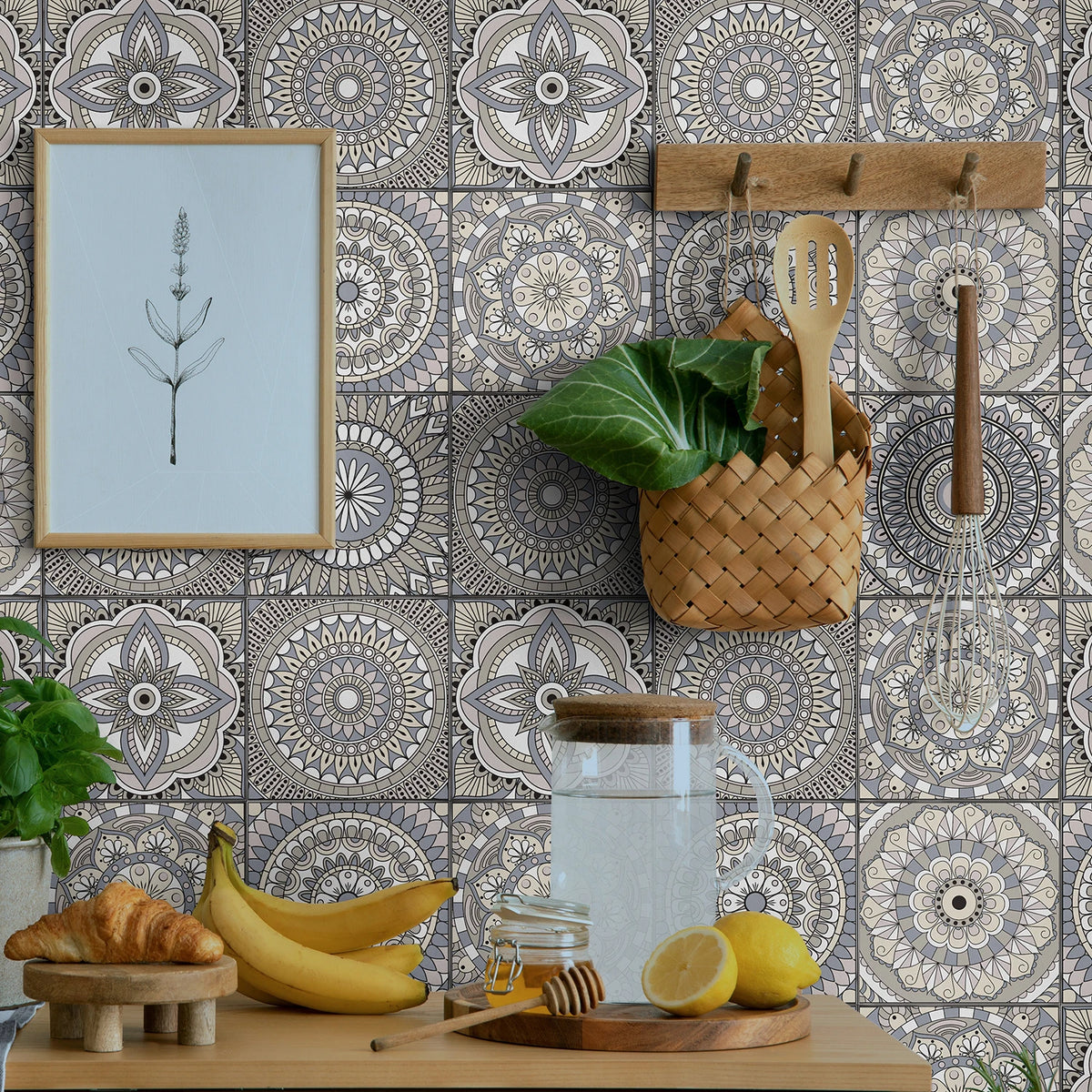 Gray and white circular tile-style wallpaper with repeating floral rosette motifs