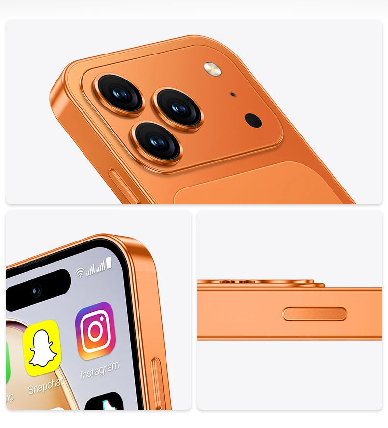 Orange ONEMYTH A18 Pro mini smartphone showing triple camera, 4-inch display, side profile, and Face Unlock interface.