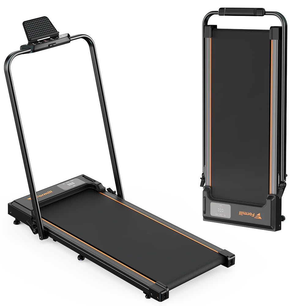 Foldable under-desk treadmill with arm frame, dark deck, and upright console