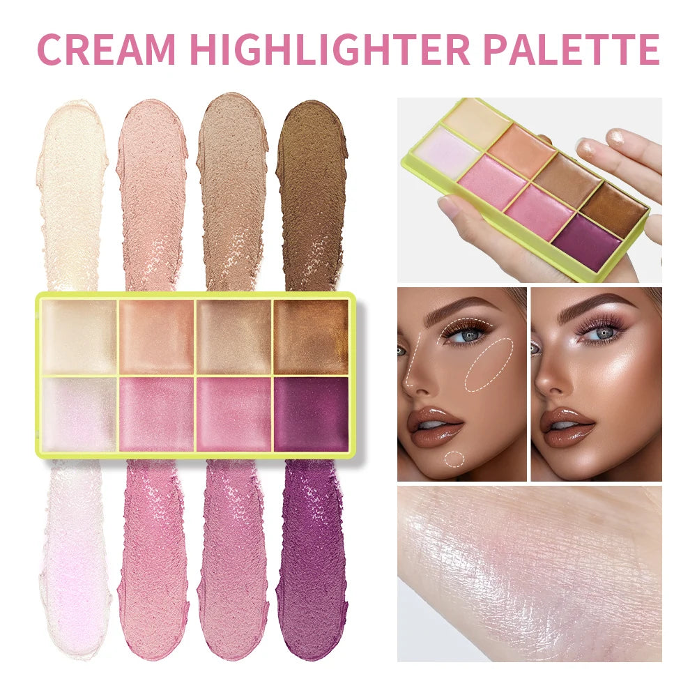 Tidesmit 8 color cream highlighter palette texture close-up showing shimmer waterproof face makeup shades