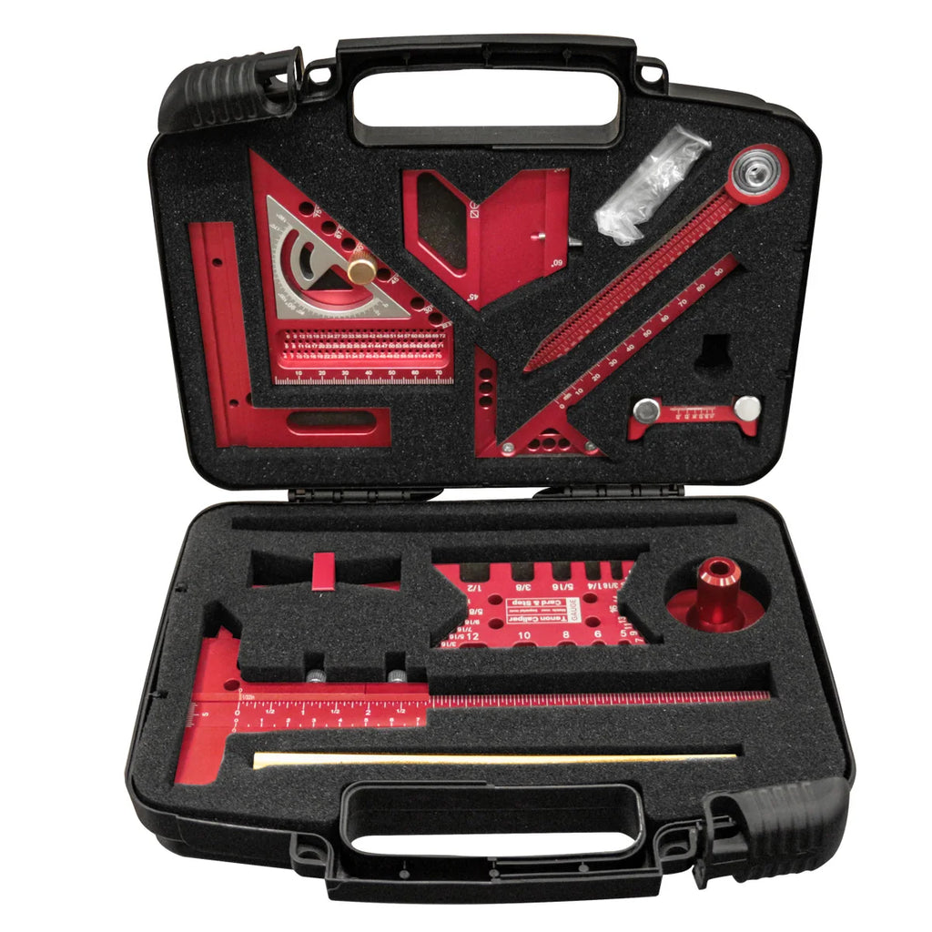 10pcs Woodworking Square Kit with Box, Aluminum Scribeing Ruler,Center Finder,Circular Drawing Compass,Honing Guide,Height Gauge
