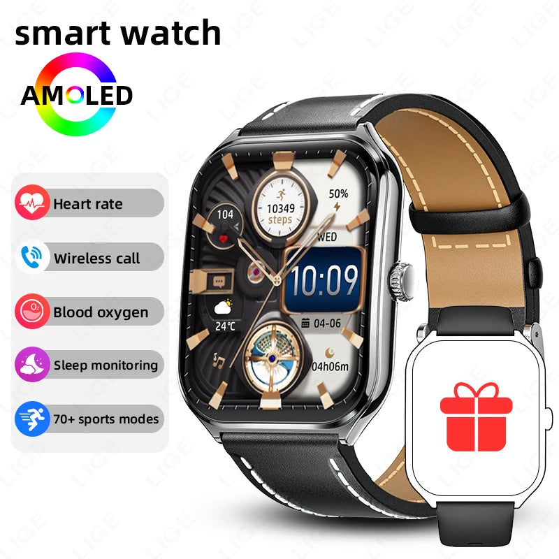 AMOLED smartwatch with brown leather strap and dark digital watch face