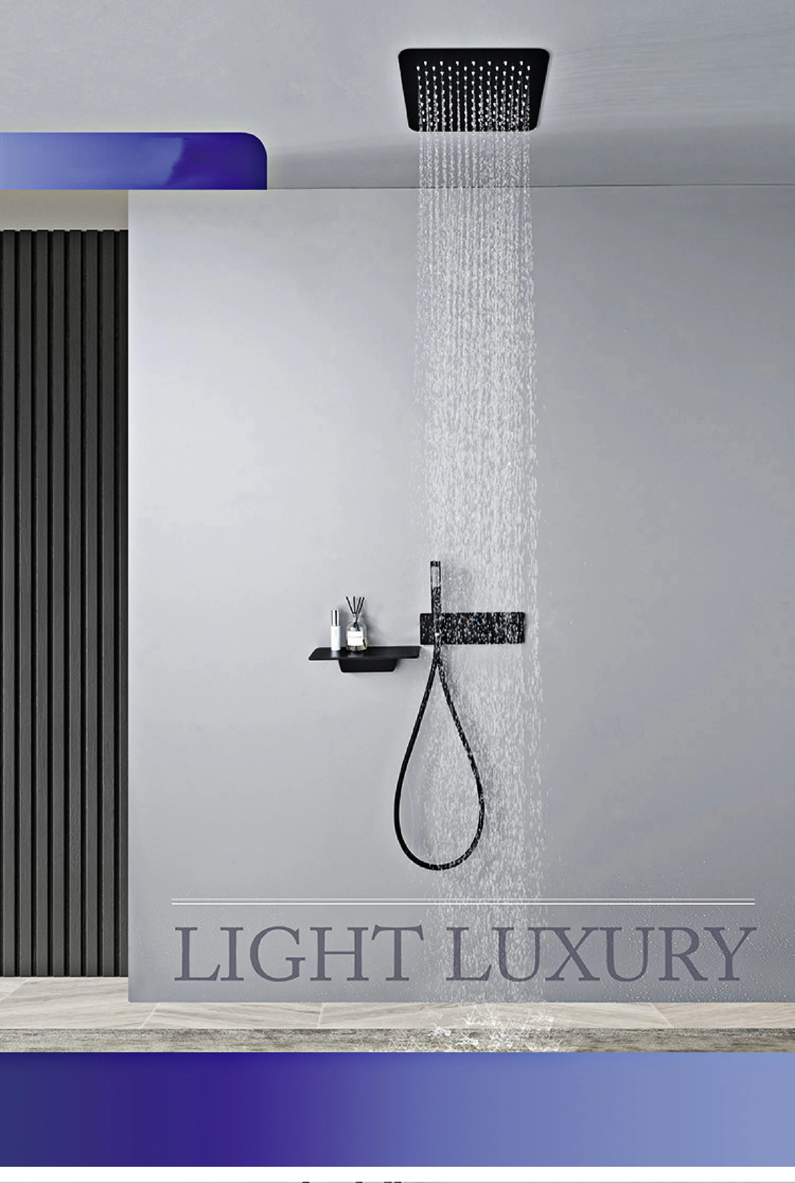 Modern Black Brass Bathroom Thermostatic Ceiling Type Shower System Wall-Mounted 3-Function Waterfall Tap for Cold & Hot Wate