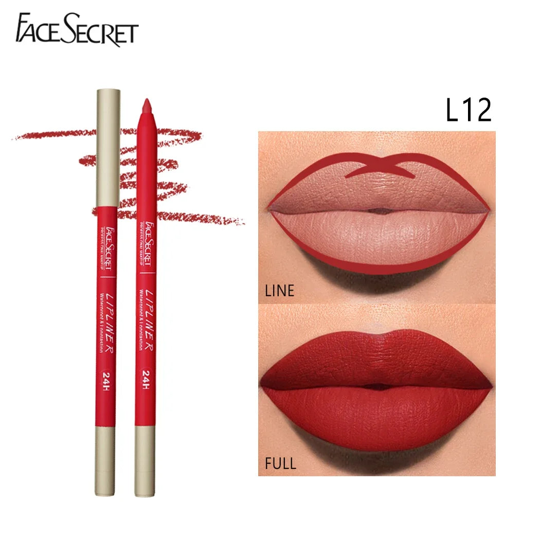 Face Secret waterproof matte lipliner pencil in red, showing lip lining and full coverage velvet lipstick application.