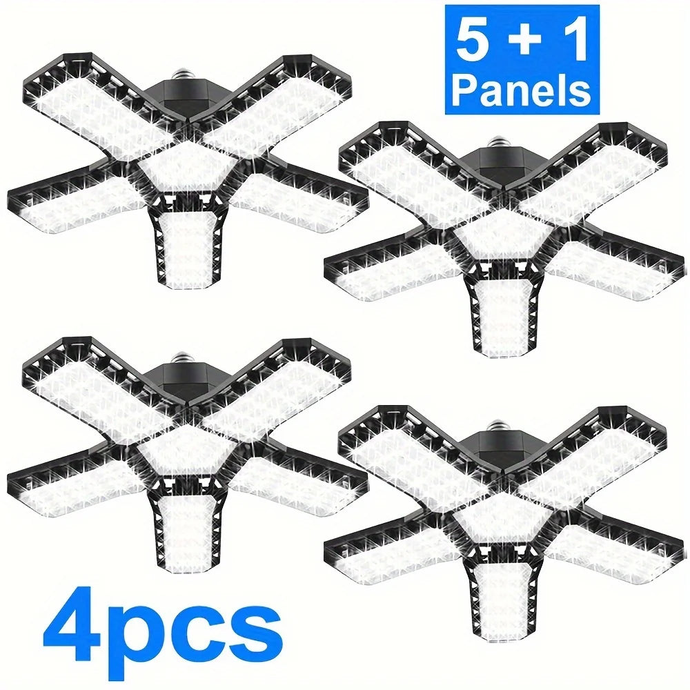 Black LED garage ceiling light set with 5 adjustable panels plus 1 center panel, 4-pack