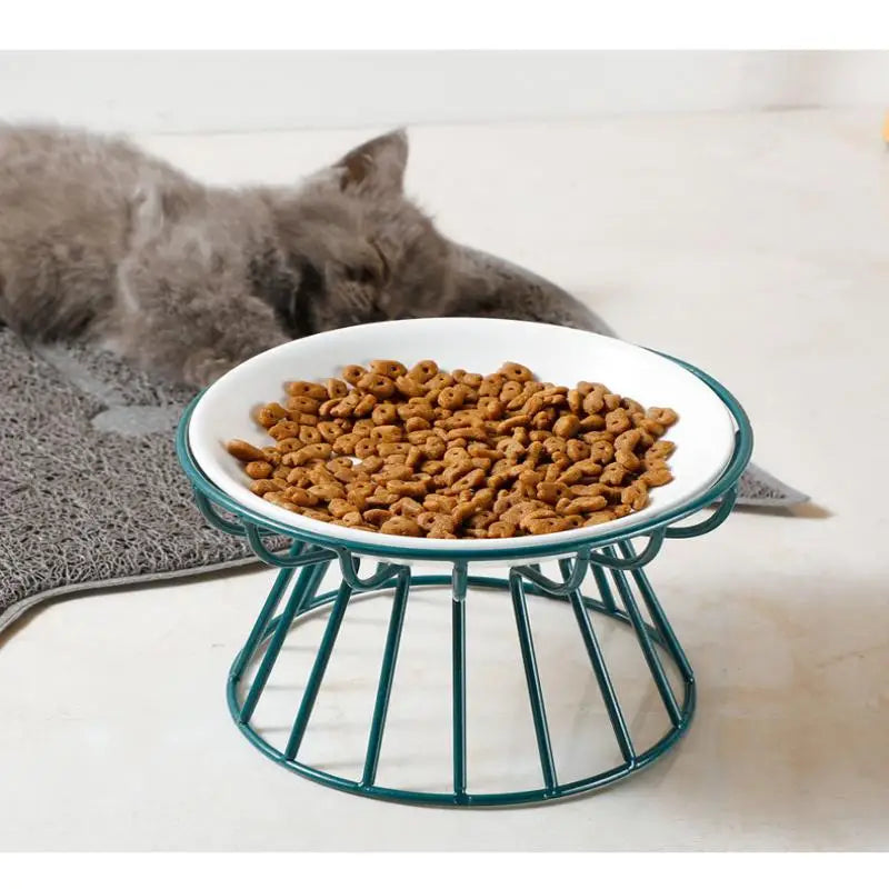 Raised ceramic cat bowl in green metal stand for ergonomic, comfortable feeding of dry food.