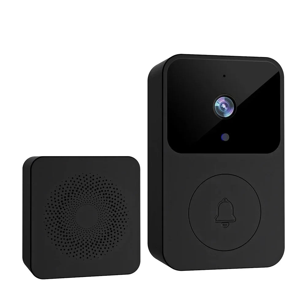 Black wireless doorbell camera and wireless chime speaker units, close-up