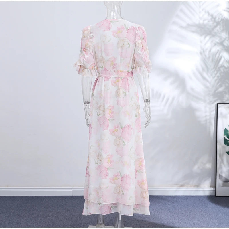 Printed Lace Patchwork Maxi Dress Women V-Neck Half Sleeve Single Breasted Lace Up Long Dresses 2026 Summer All-match Lady Robes
