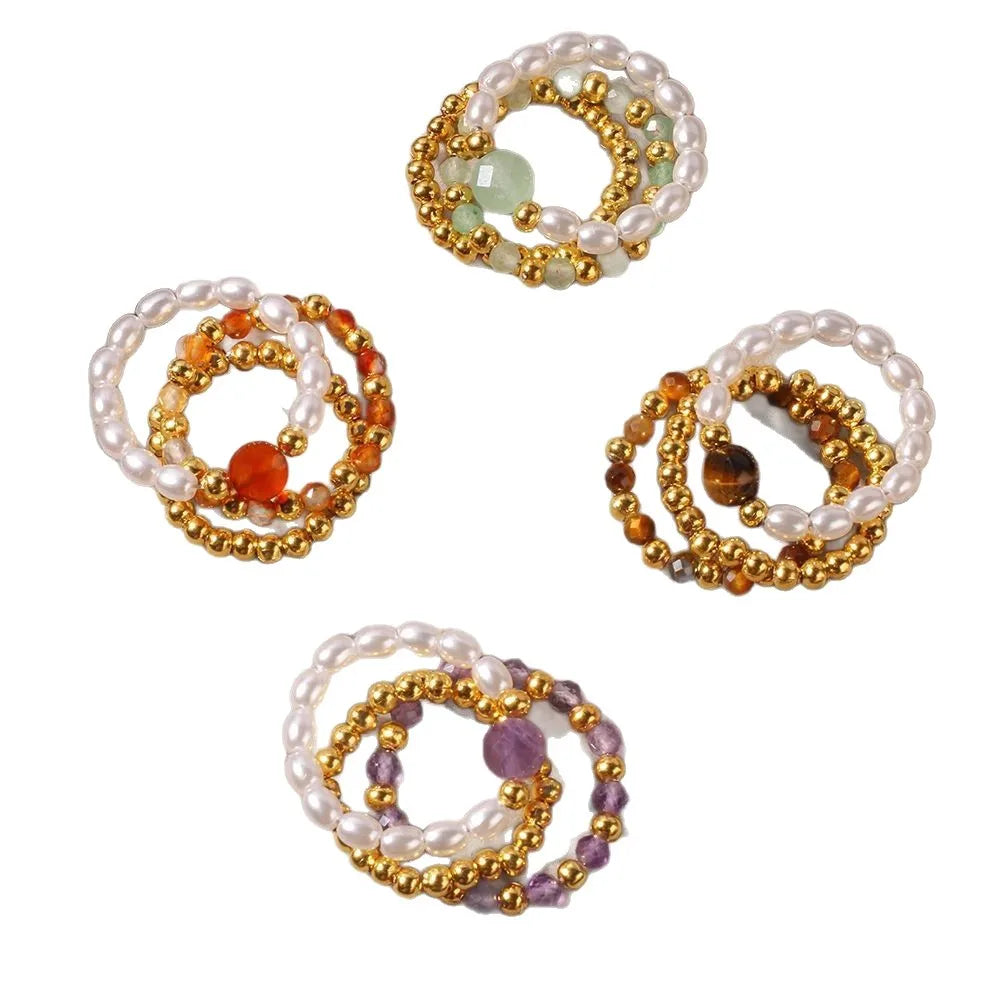 Beach style stacked natural stone ring - simple imitation pearl elastic rope bead ring - suitable for daily wear