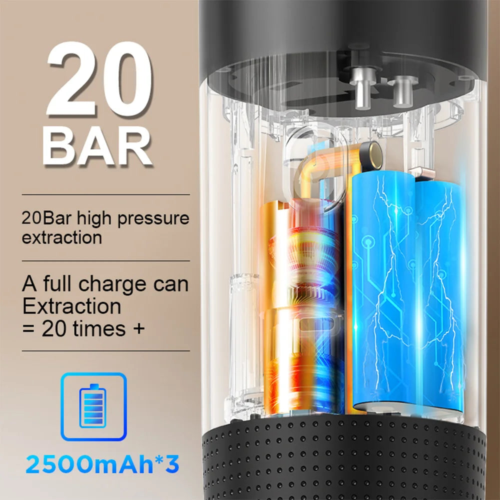 Portable 20-bar espresso maker with black base, clear body, and 7500mAh battery for 20+ extractions on one charge.