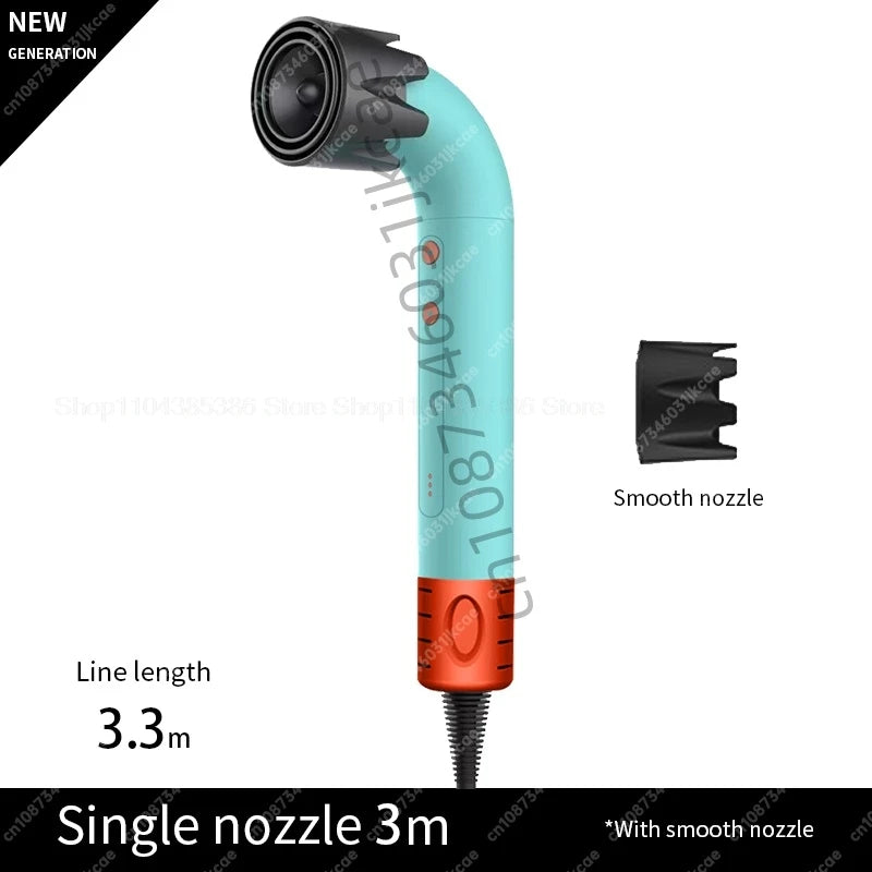 Turquoise and orange leafless negative ion hair dryer with 3.3m cord and smooth styling nozzle attachment.