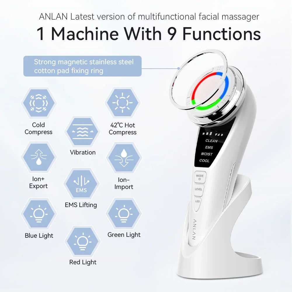 ANLAN 9-in-1 white EMS facial massager with LED light therapy, hot/cold compress, and magnetic cotton pad fixing ring.