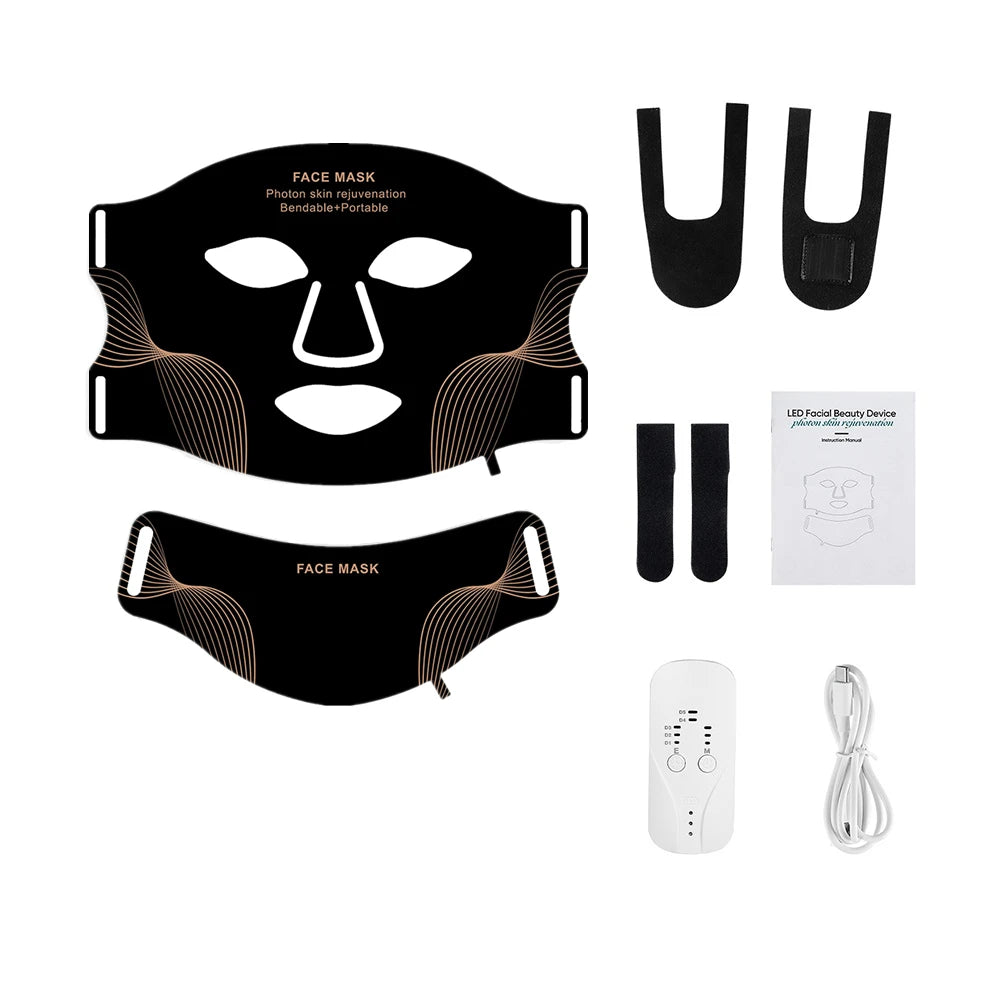 Black silicone LED light therapy face and neck mask kit with remote, charging cable, straps, and manual.