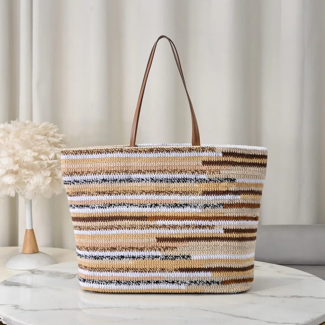 Fashion Woven Straw Tote Large Capacity Beach Resort Style Bag Women Contrast Stripes Shoulder Handbag Luxury Designer