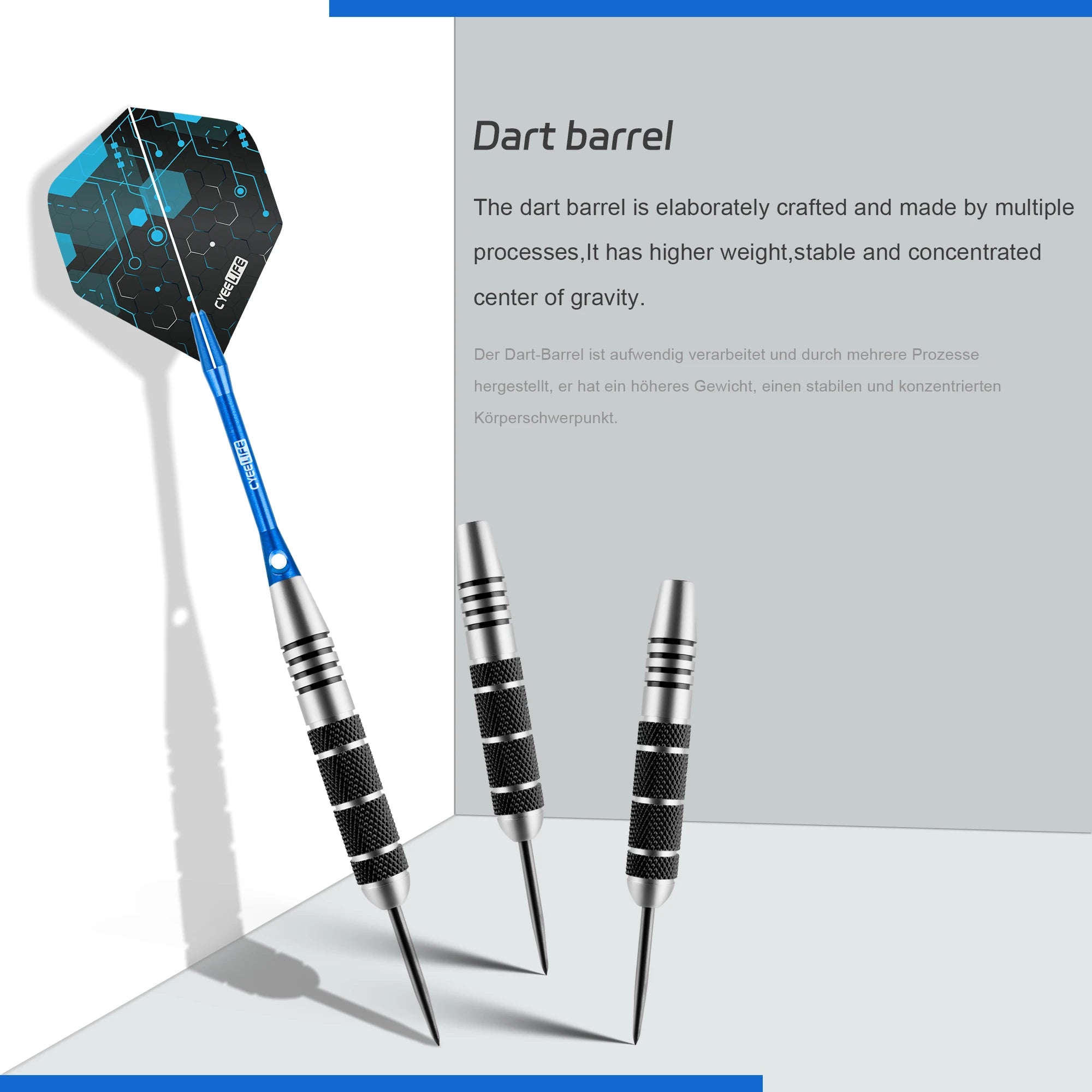 CyeeLife 26g steel tip dart set with blue aluminum shafts and PET flights for stable, high-performance dart throwing.