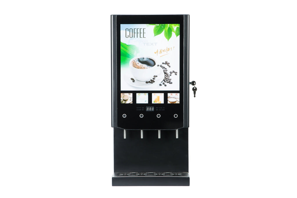 Black commercial coffee machine with a digital touchscreen display, four dispensing nozzles, and a drip tray.