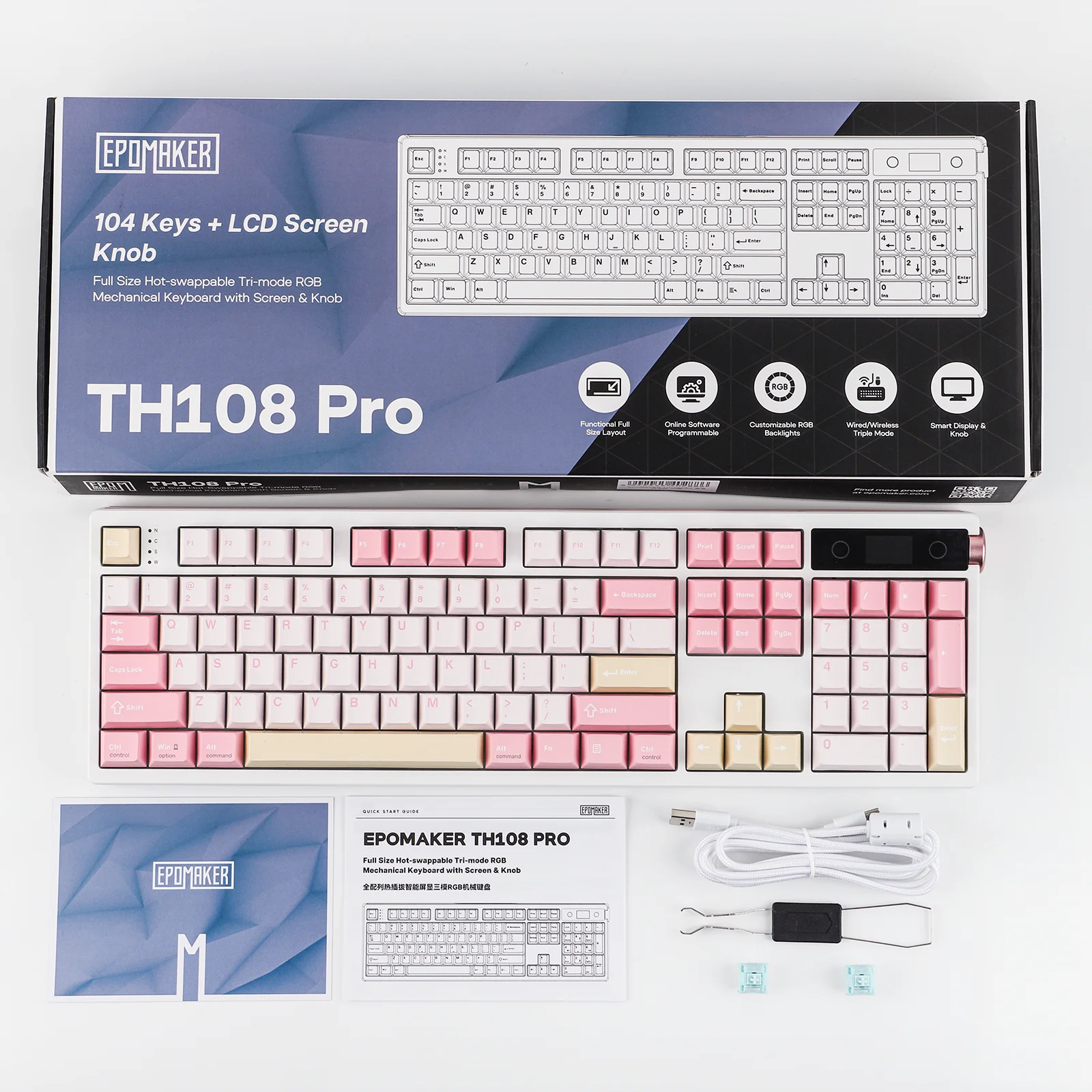 EPOMAKER TH108 PRO 100% Full-Sized Gasket-Mounted Wired/BT/2.4Ghz Wireless Mechanical Keyboard with Screen & Knob RGB Backlight