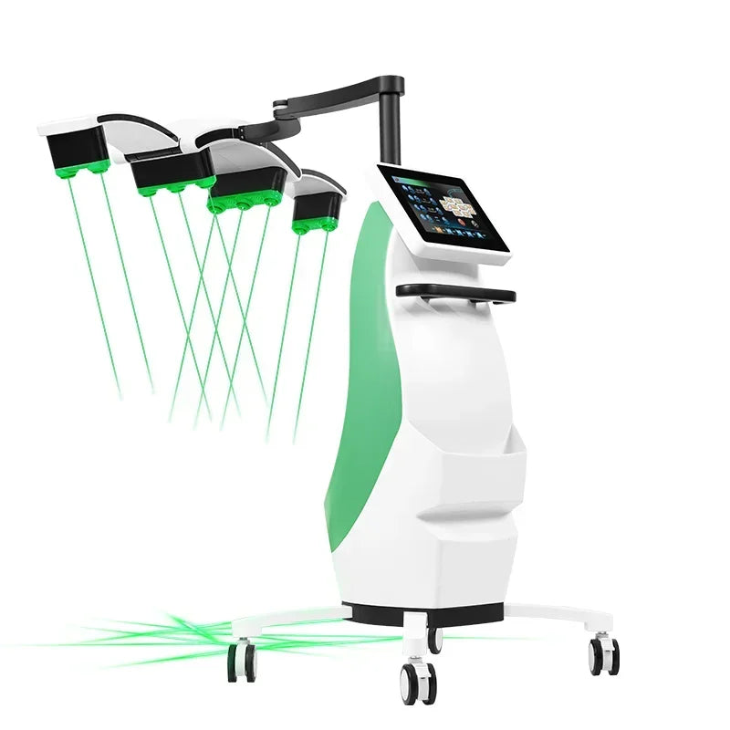 Standing LLLT fat burning machine with green laser diodes, touchscreen interface, and rolling base for slimming therapy.