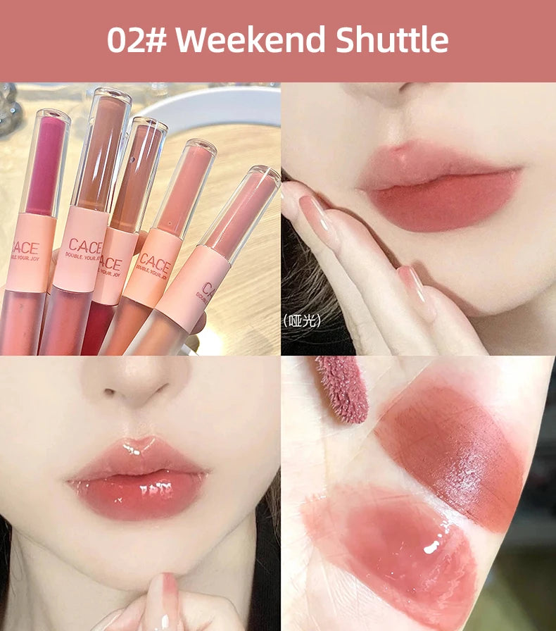 CACE 02# Weekend Shuttle double-head lip glaze, matte lip mud and glossy water tint, showing soft pinkish-red finish.