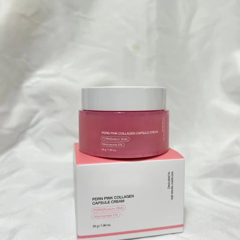 A pink translucent jar of PDRN Pink Collagen Capsule Cream with a white lid, resting on its matching white box.