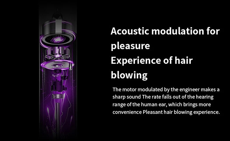 Professional ionic leafless hair dryer with quiet motor technology and sleek purple LED lighting for salon-style drying.