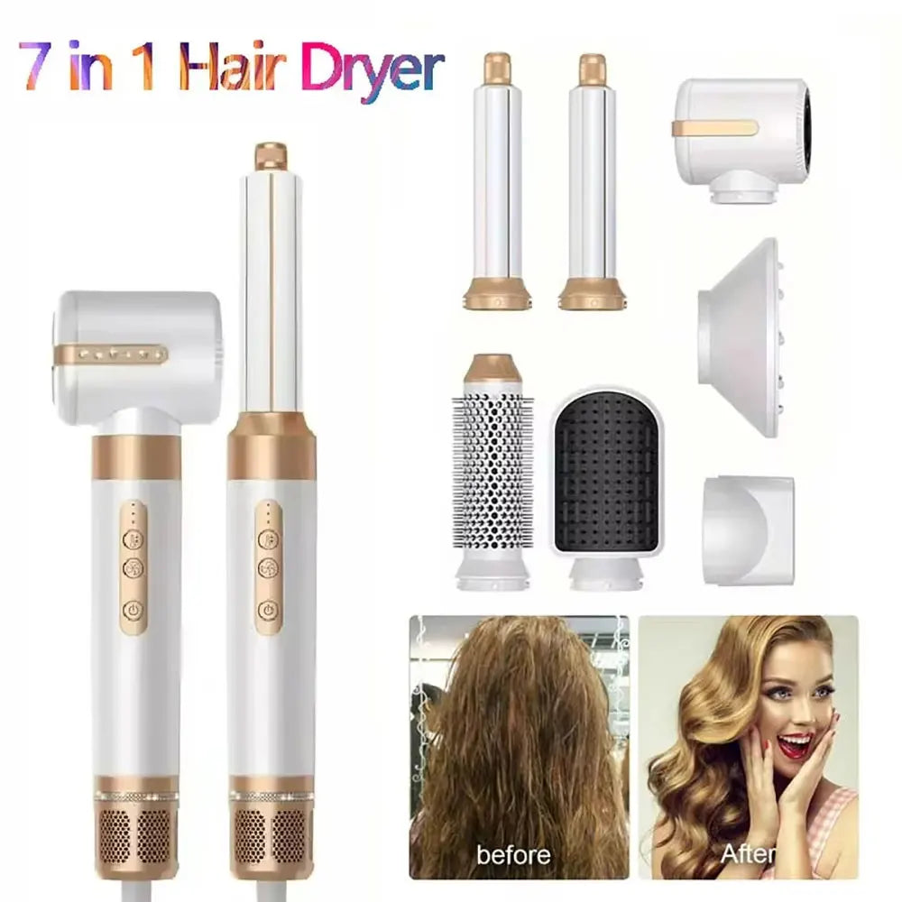 7-in-1 professional high-speed hair dryer set in white and gold with curling iron, straightener, and styling brushes.