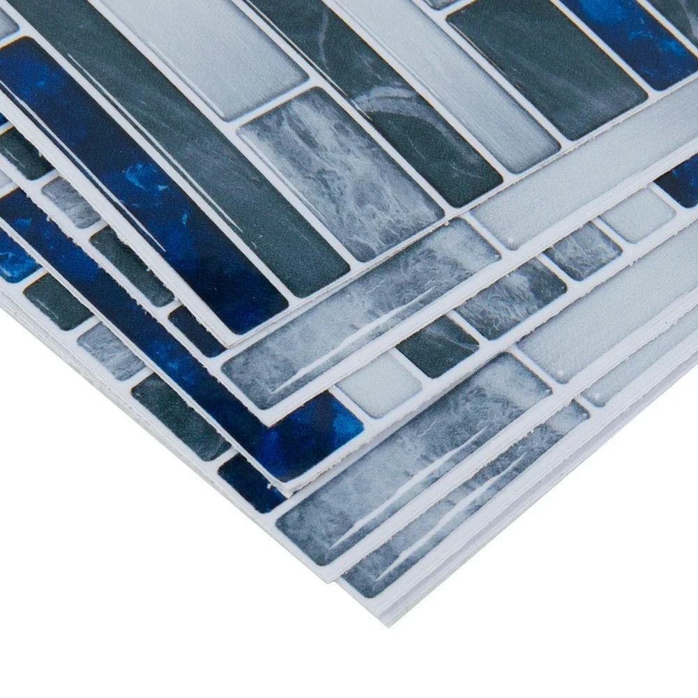 Close-up of blue and gray 3D mosaic tile wall stickers with grout lines