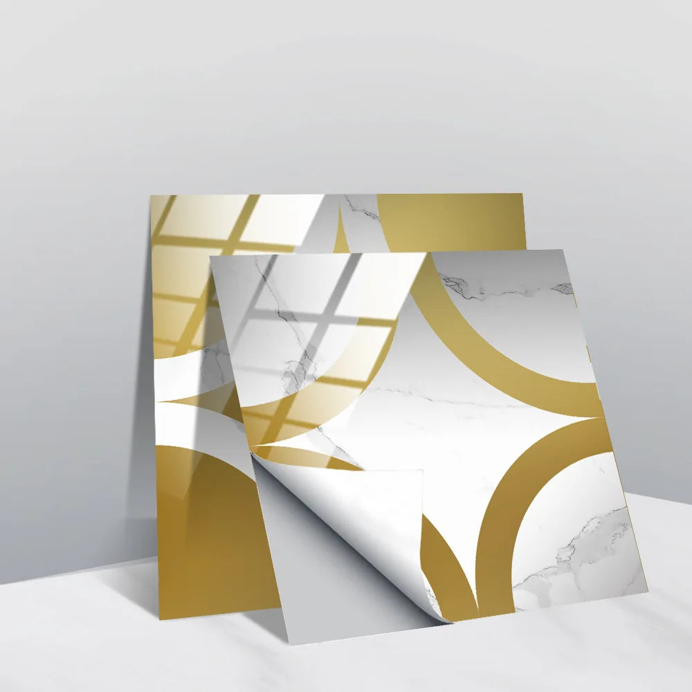 Peel-and-stick faux crystal tile wall stickers, white with gold curved geometric pattern.