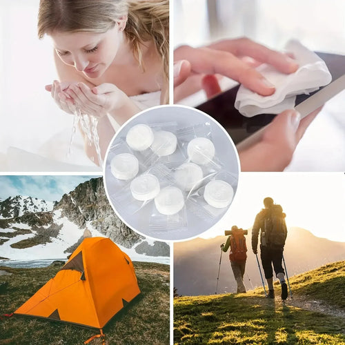 Portable compressed baby care wipes in individual wrappers, ideal for travel, camping, and gentle skin cleansing.