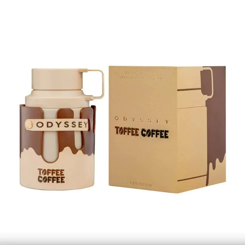 Armaf Odyssey Toffee Coffee EDP: Unisex woody perfume in a unique canteen-shaped bottle with box. Long-lasting scent.