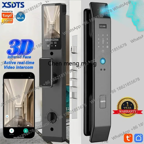 Smart door lock with biometric keypad, touchscreen, and fingerprint/password access panel