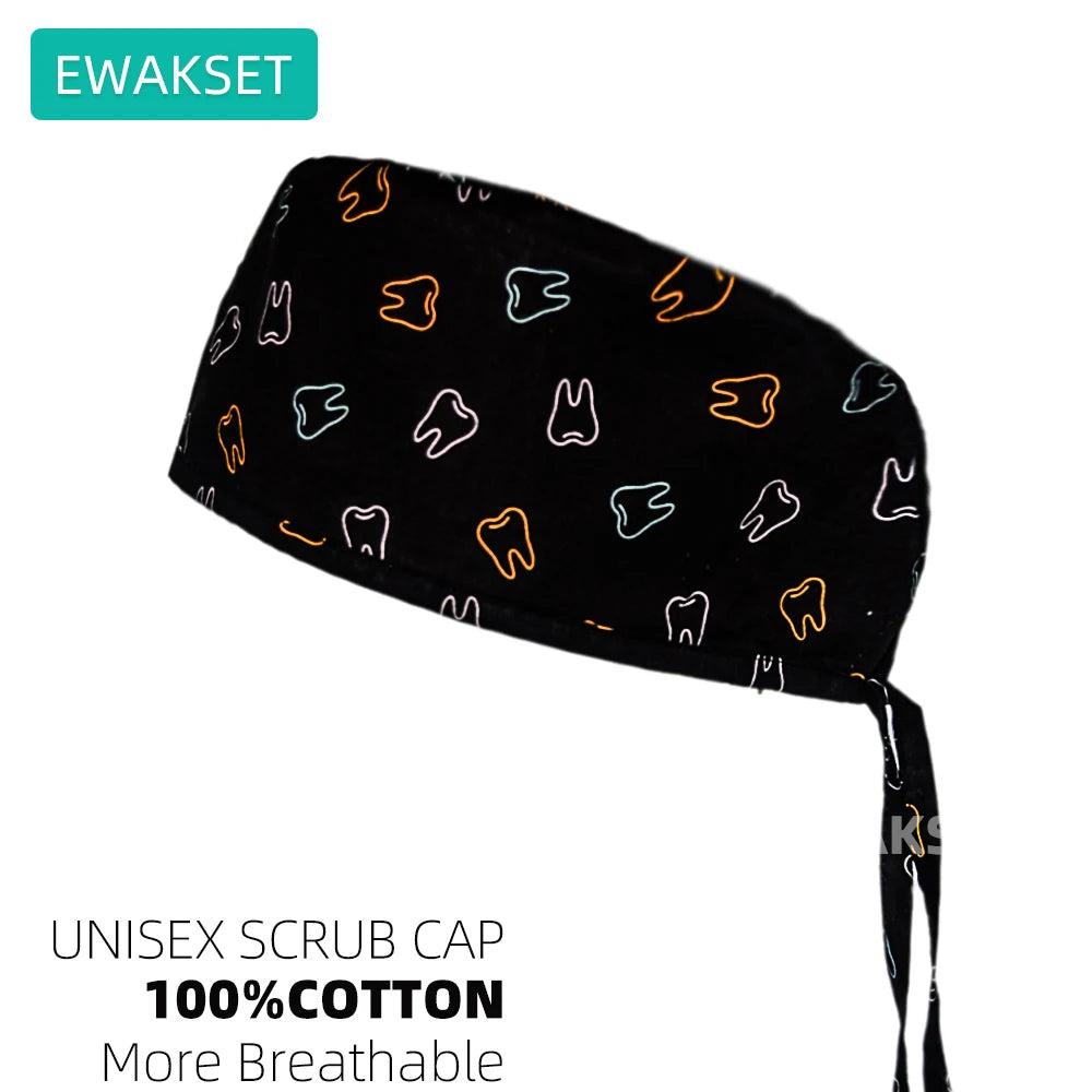 Adjustable black unisex scrub cap with colorful teeth print, 100% cotton, breathable for dental, vet, or nursing staff.