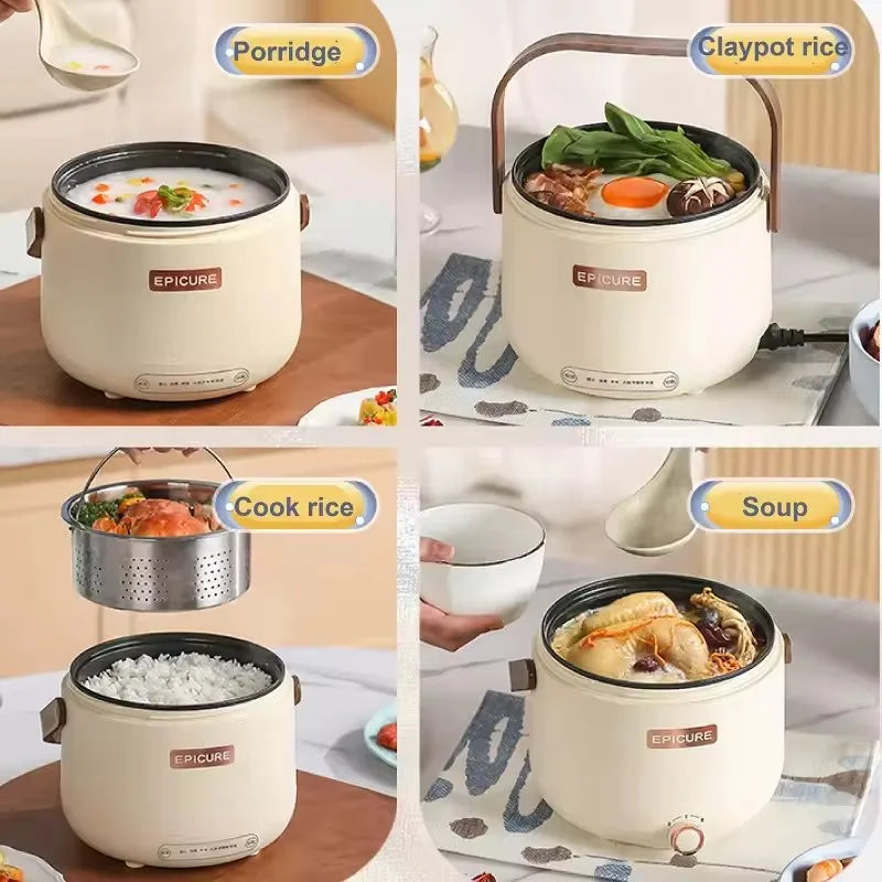 White multi-cooker pot with handle shown in multiple cooking scenes, EPICURE
