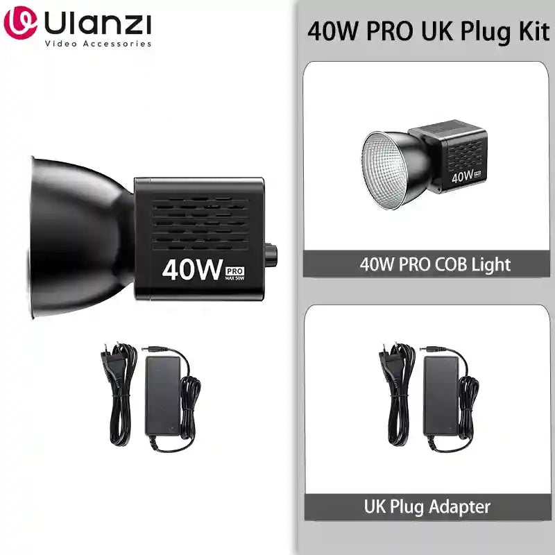 40W PRO COB video light with a black rectangular housing, metallic reflector, and a UK power adapter kit.