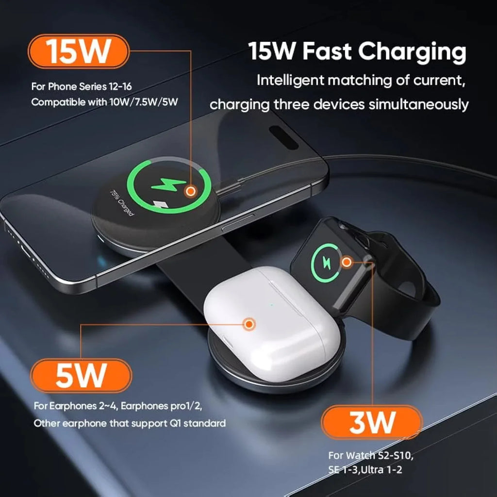 3-in-1 Wireless Charger for iPhone, AirPods, and Apple Watch - Qi Certified Tidesmit